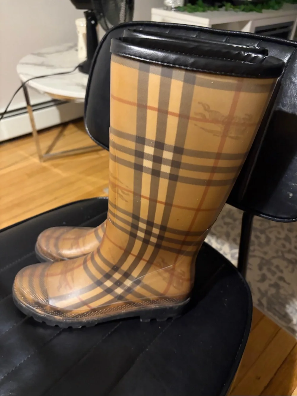 Burberry Tan Plaid Logo Rain Boots